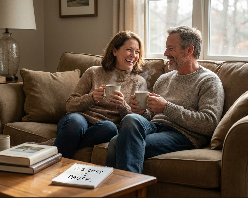 ソファでリラックスしてお茶を飲む50代夫婦。完璧を目指さず休むことの大切さを表現。