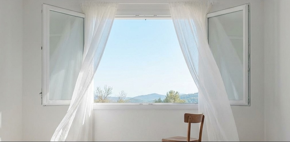 窓から見える青空と風に揺れるカーテン