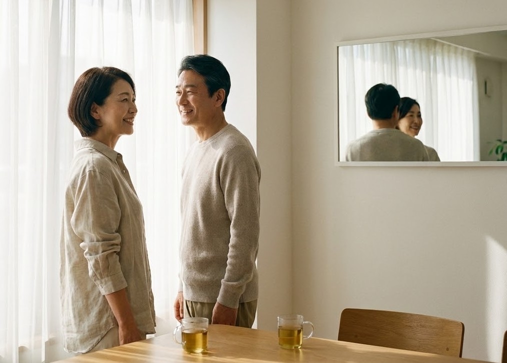 朝の光の中で、むくみが取れてすっきりとした表情をしている50代の夫婦（日本人妻と韓国人夫）。健康的な変化を実感している様子。