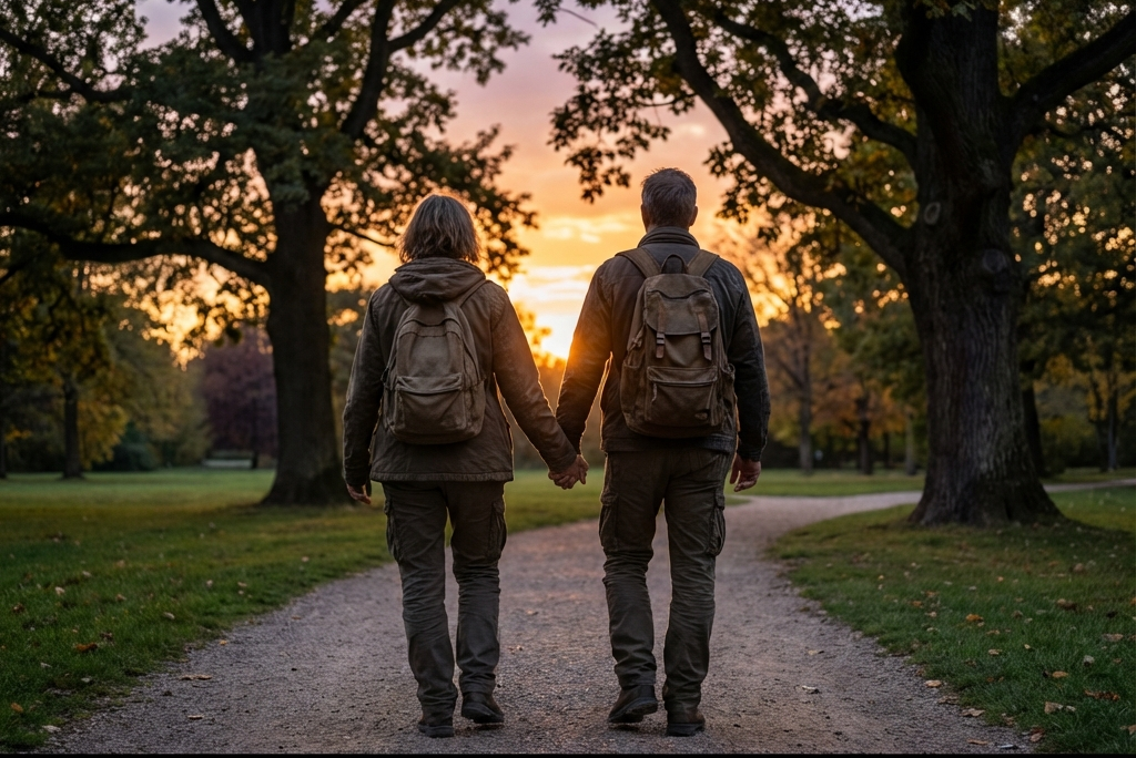 夕日を眺めながら公園を歩く50代夫婦の後ろ姿。長く続く健康習慣のイメージ。