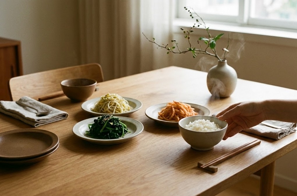 「まずは一品から」というメッセージを込めた、小皿に盛られたシンプルなナムルとご飯の温かい食卓の風景。