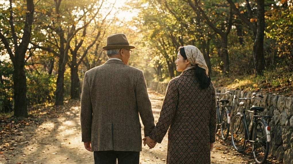 A back view of the couple walking away into the distance, symbolizing their continued journey together.