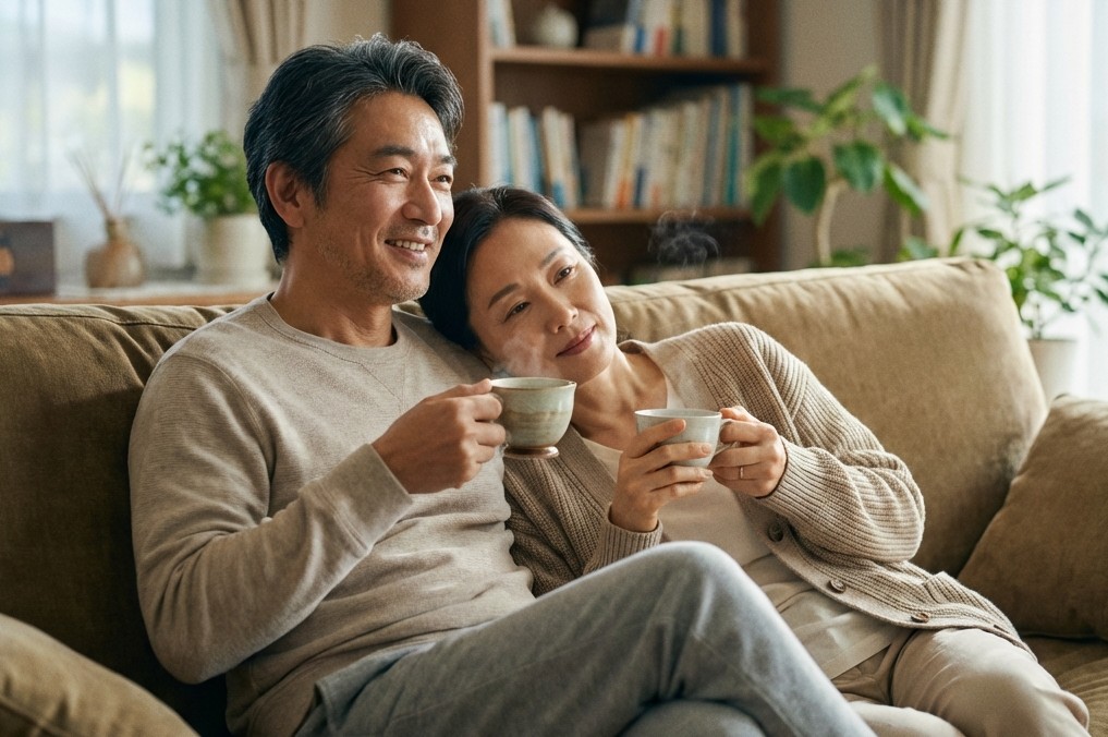Japanese husband and Korean wife sitting on a sofa relaxing and drinking tea together.